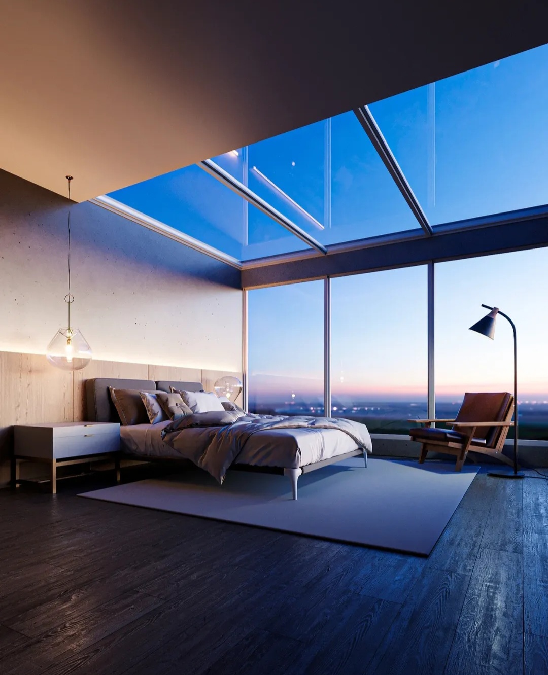 Quarto contemporâneo com cobertura de vidro e vista panorâmica
