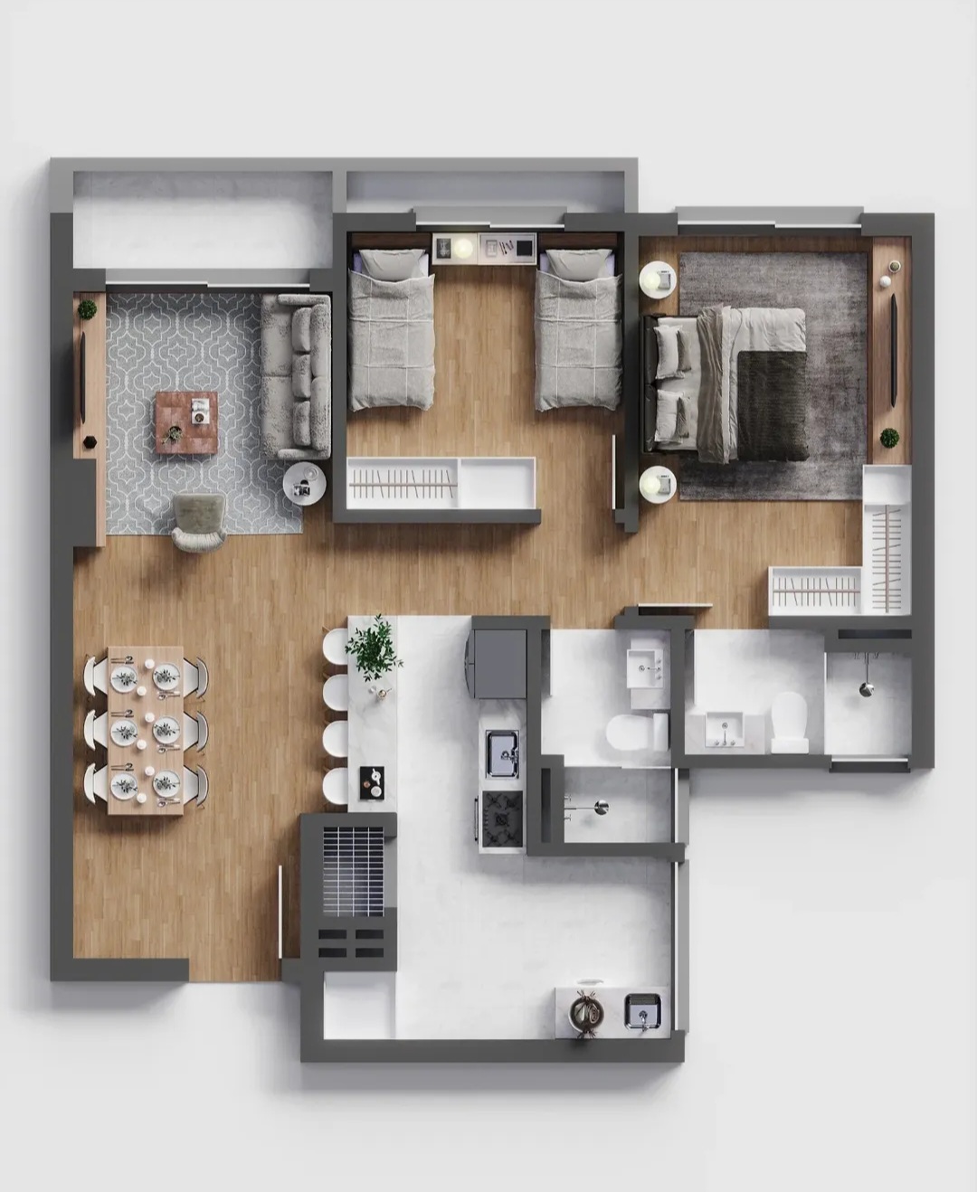 Planta humanizada de apartamento em visualização 3D
